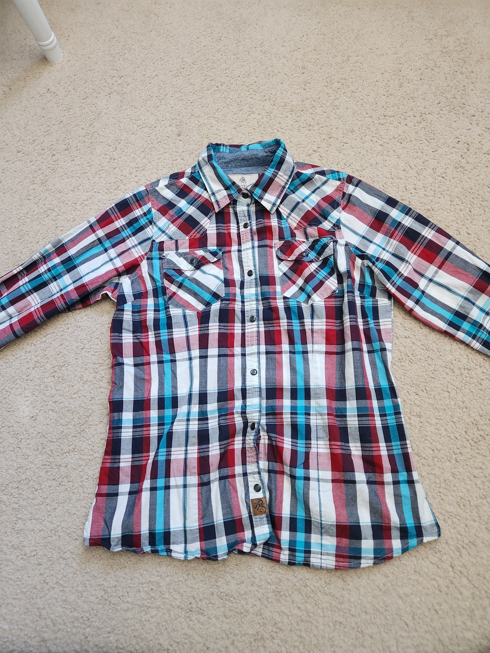 Legendary Whitetails Red White Blue Plaid Button-Down Shirt with Teal Accents